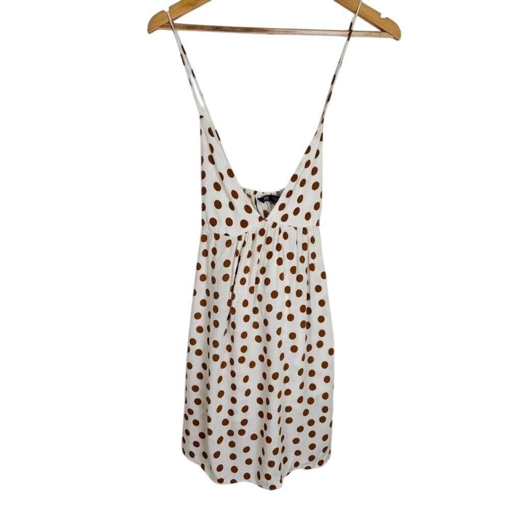 ZARA‎ Size Small Spaghetti Strap Dress Brown Polka Dot Babydoll Tie Back Cotton